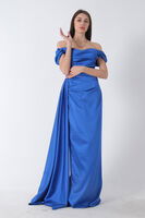 Saks Drape Detaylı Saten Kumaş Abiye Elbise 9704858.26 - 4