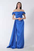 Saks Drape Detaylı Saten Kumaş Abiye Elbise 9704858.26 - 5