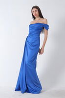 Saks Drape Detaylı Saten Kumaş Abiye Elbise 9704858.26 - 6