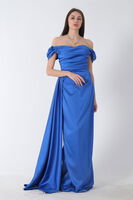 Saks Drape Detaylı Saten Kumaş Abiye Elbise 9704858.26 - 10
