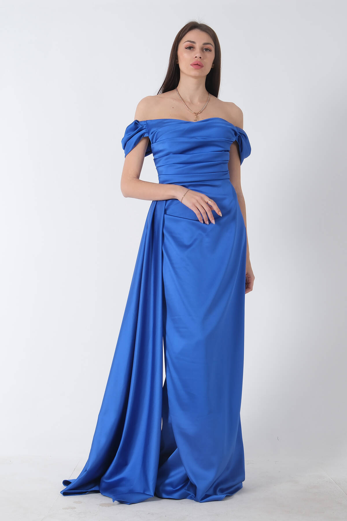 Saks Drape Detaylı Saten Kumaş Abiye Elbise 9704858.26 - Ardanewline