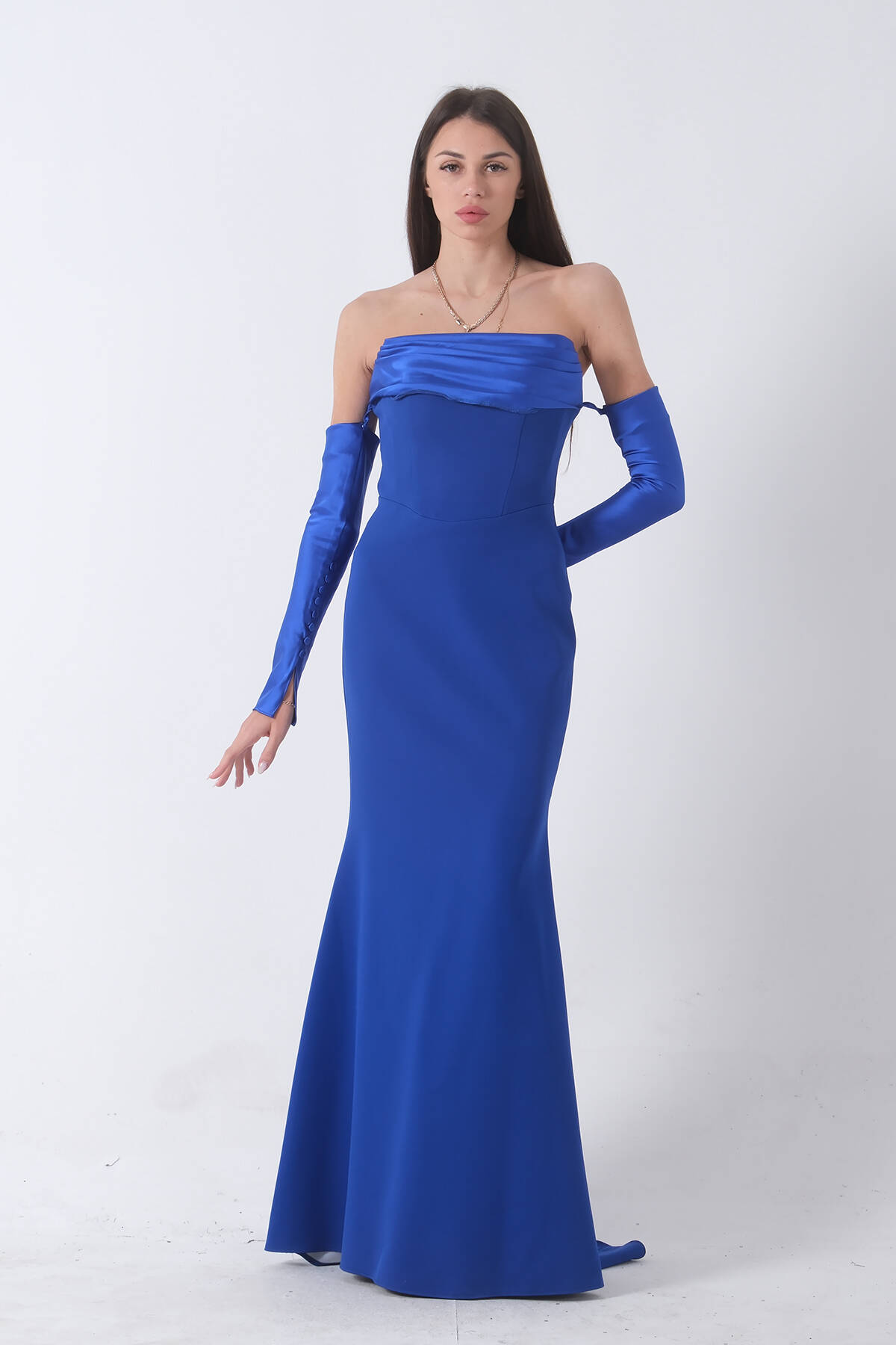 Saks Drapeli Düğme Detaylı Uzun Abiye 9705361.26 - Ardanewline (1)