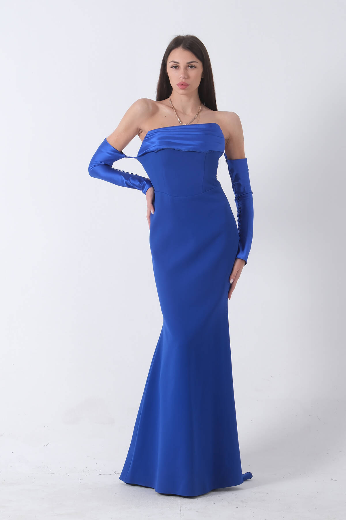 Saks Drapeli Düğme Detaylı Uzun Abiye 9705361.26 - Ardanewline