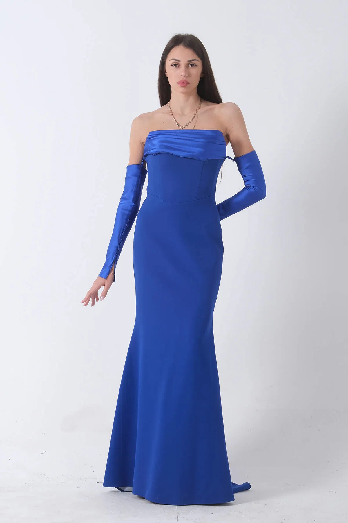 Saks Drapeli Düğme Detaylı Uzun Abiye 9705361.26 - Ardanewline (1)