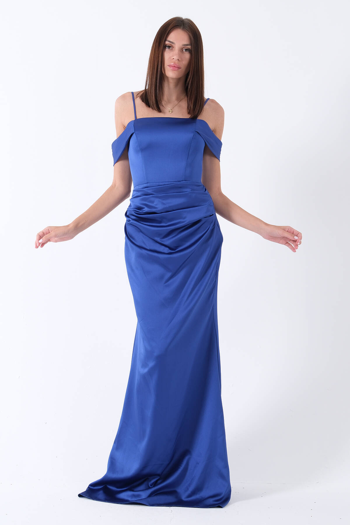 Saks İp Askılı Straplez Saten Abiye Elbise 9705903.26 - ArdaNewline
