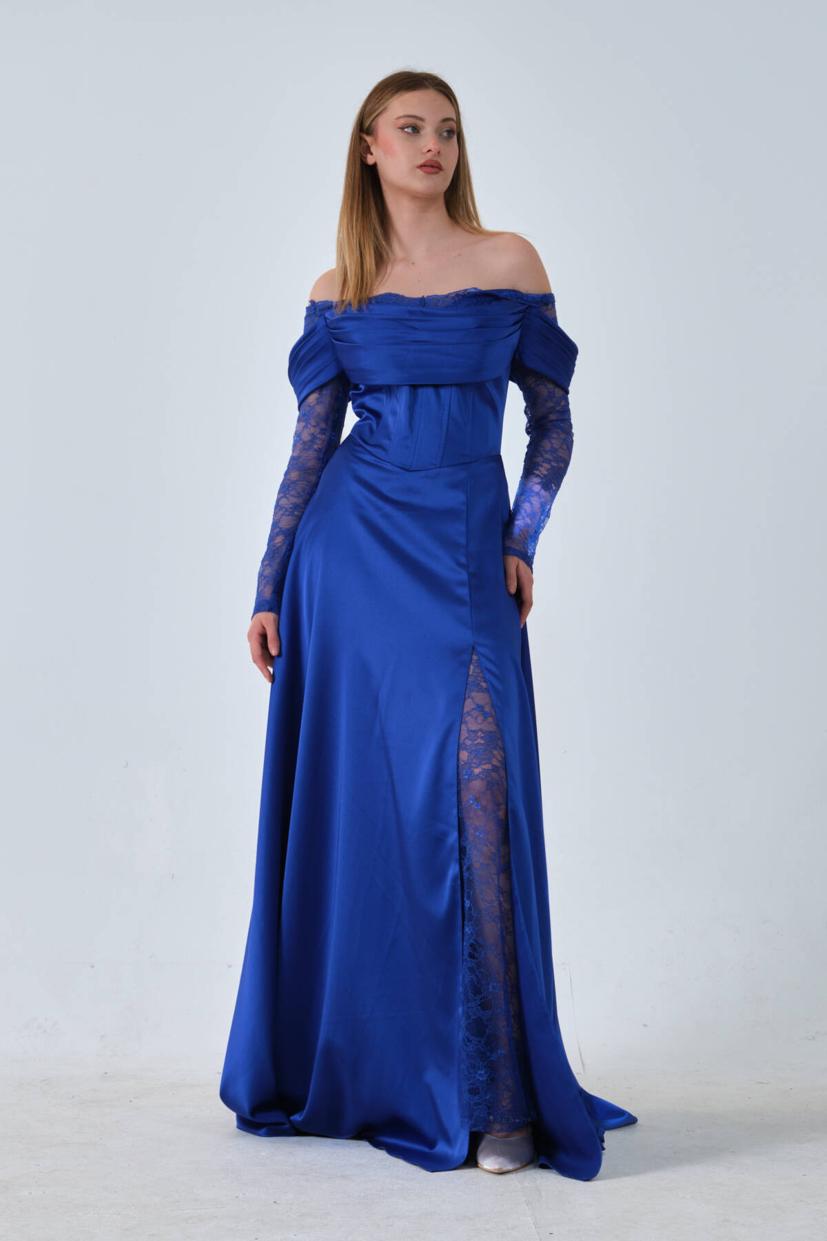 Saks Kolları Dantel Detaylı Drapeli Abiye 9705561.26 - Ardanewline (1)