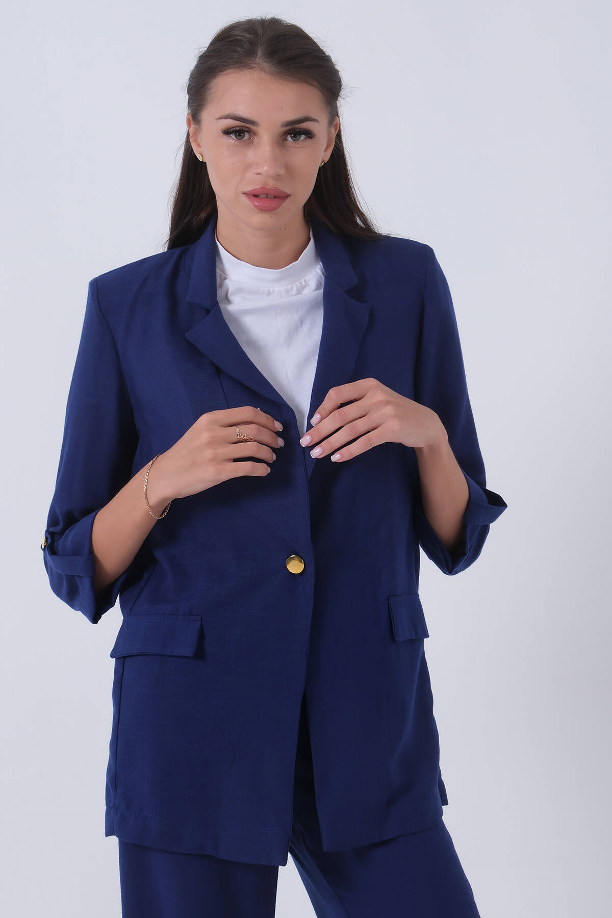 Saks Kolları Düğme Toparlamalı Keten Ceket 01051361.26 - Ardanewline