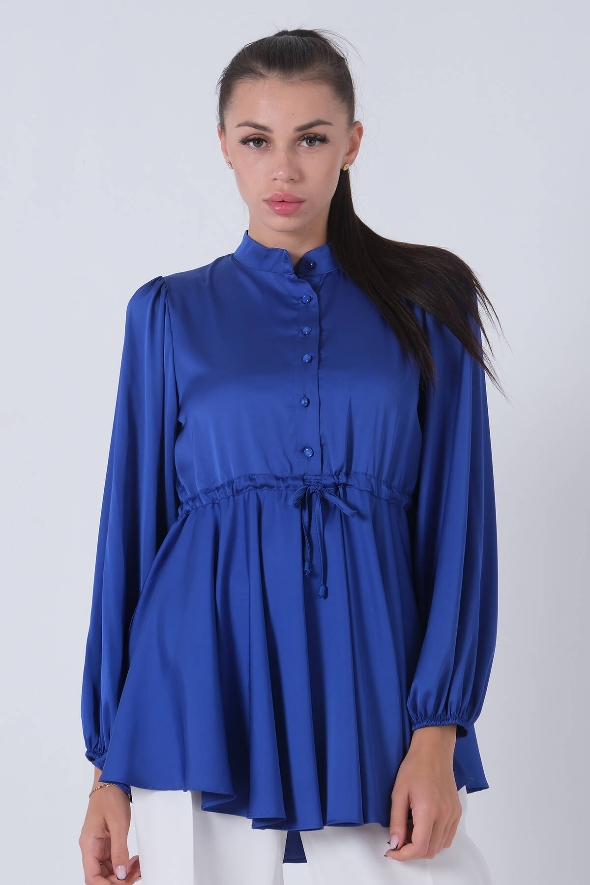 Saks Kolu Lastikli Belden Bağlamalı Saten Tunik 44510418.26 - Ardanewline