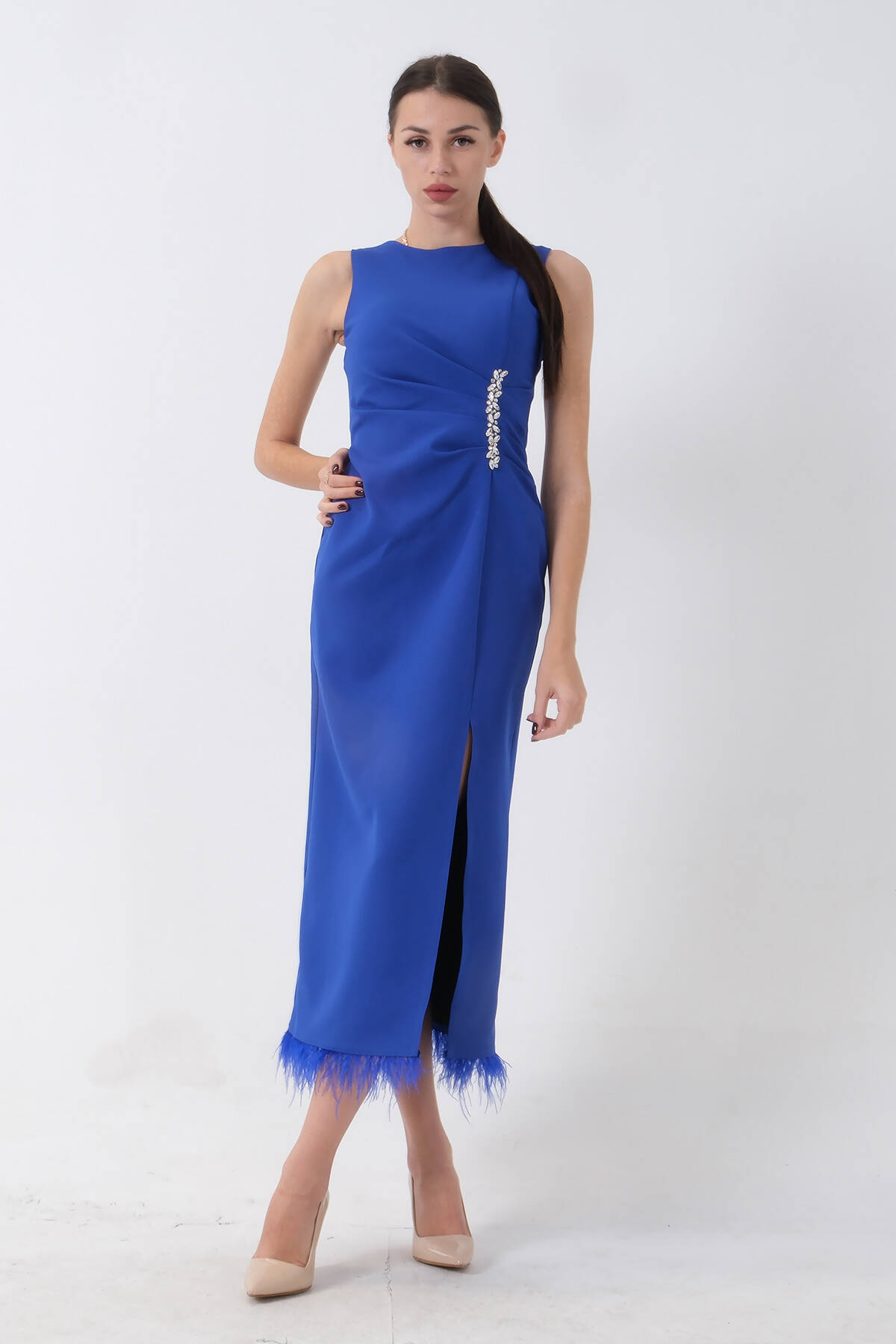 Saks Önü Taş Detaylı Yırtmaçlı Tüy Detaylı Abiye 9705402.26 - Ardanewline (1)