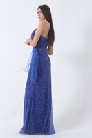 Saks Parıltılı Dökümlü Tül ve Taş Detaylı Abiye 9705332.26 - 5
