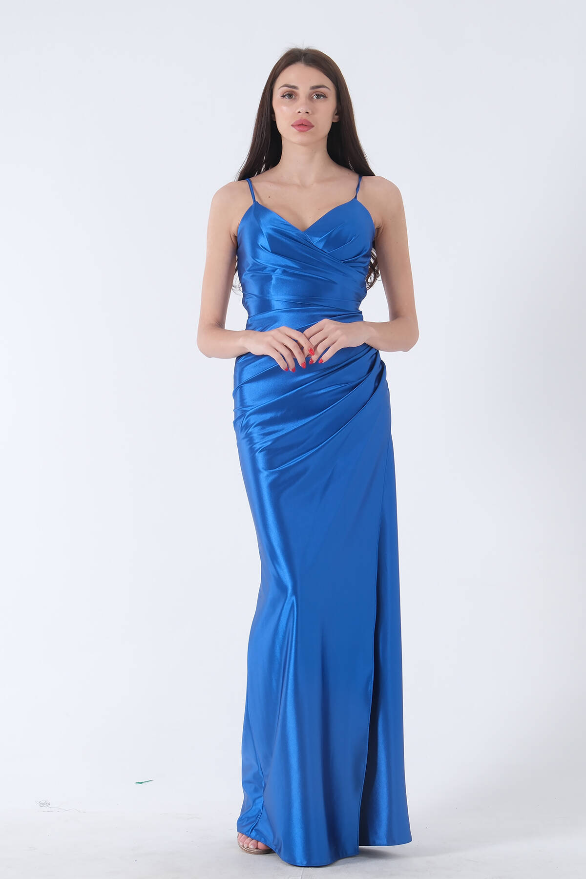 Saks Sırt Dekolteli Yırtmaçlı Uzun Saten Abiye Elbise 4522004.26 - Ardanewline (1)