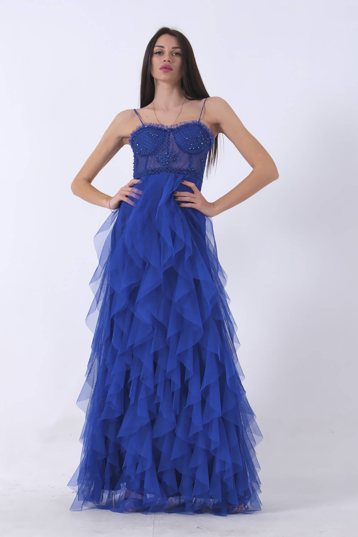 Saks Transparan Taşlı Eteği Fırfırlı Abiye 9705034.26 - Ardanewline (1)