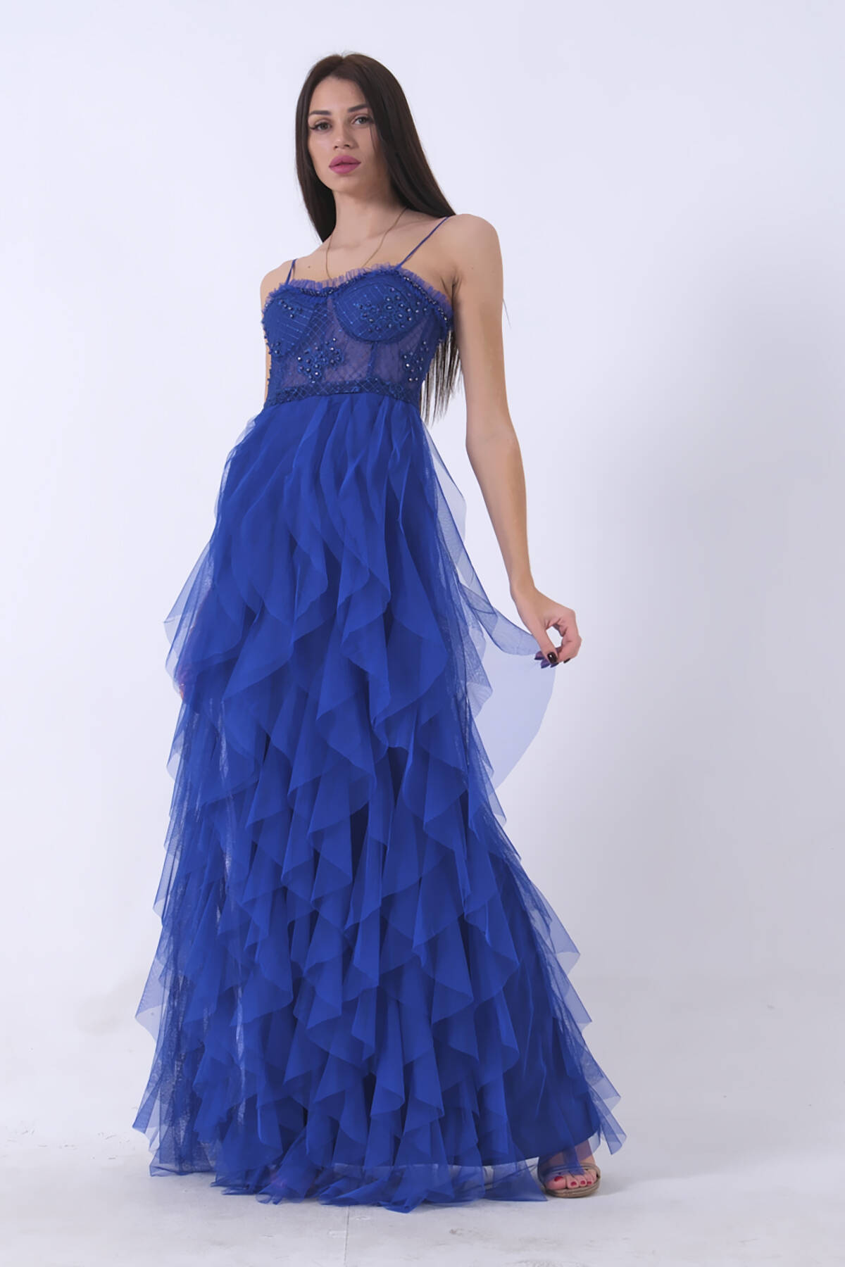 Saks Transparan Taşlı Eteği Fırfırlı Abiye 9705034.26 - Ardanewline