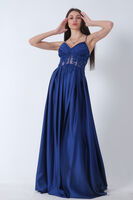 Saks Yırtma Detaylı İp Askılı Saten Abiye Elbise 9704981.26 - 4