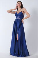Saks Yırtma Detaylı İp Askılı Saten Abiye Elbise 9704981.26 - 5