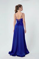 Saks Yırtmaç Detaylı Saten Abiye Elbise 4522348.26 - 5