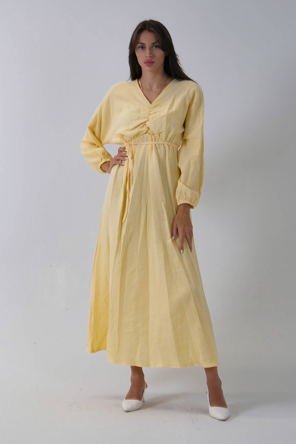 Sarı Beli Lastik Büzgülü V Yaka Bağlamalı Elbise 4593437.11 - Ardanewline