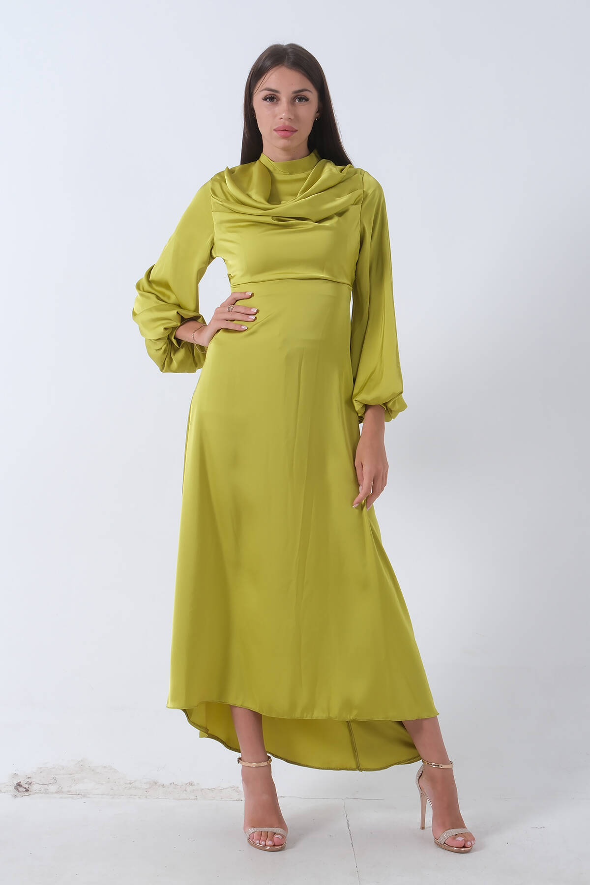 Sarı Degaje Saten Balon Kol Tesettür Elbise 5305035.11 - Ardanewline