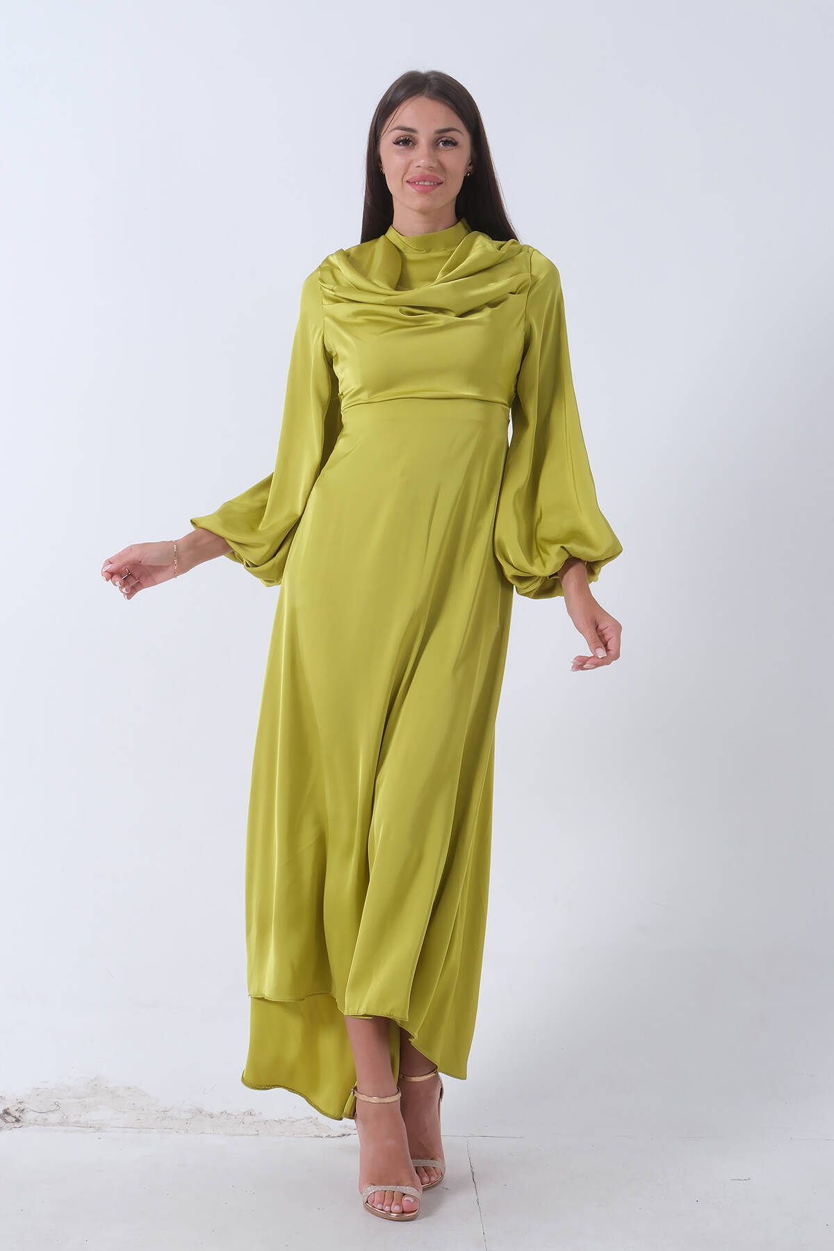 Sarı Degaje Saten Balon Kol Tesettür Elbise 5305035.11 - Ardanewline (1)