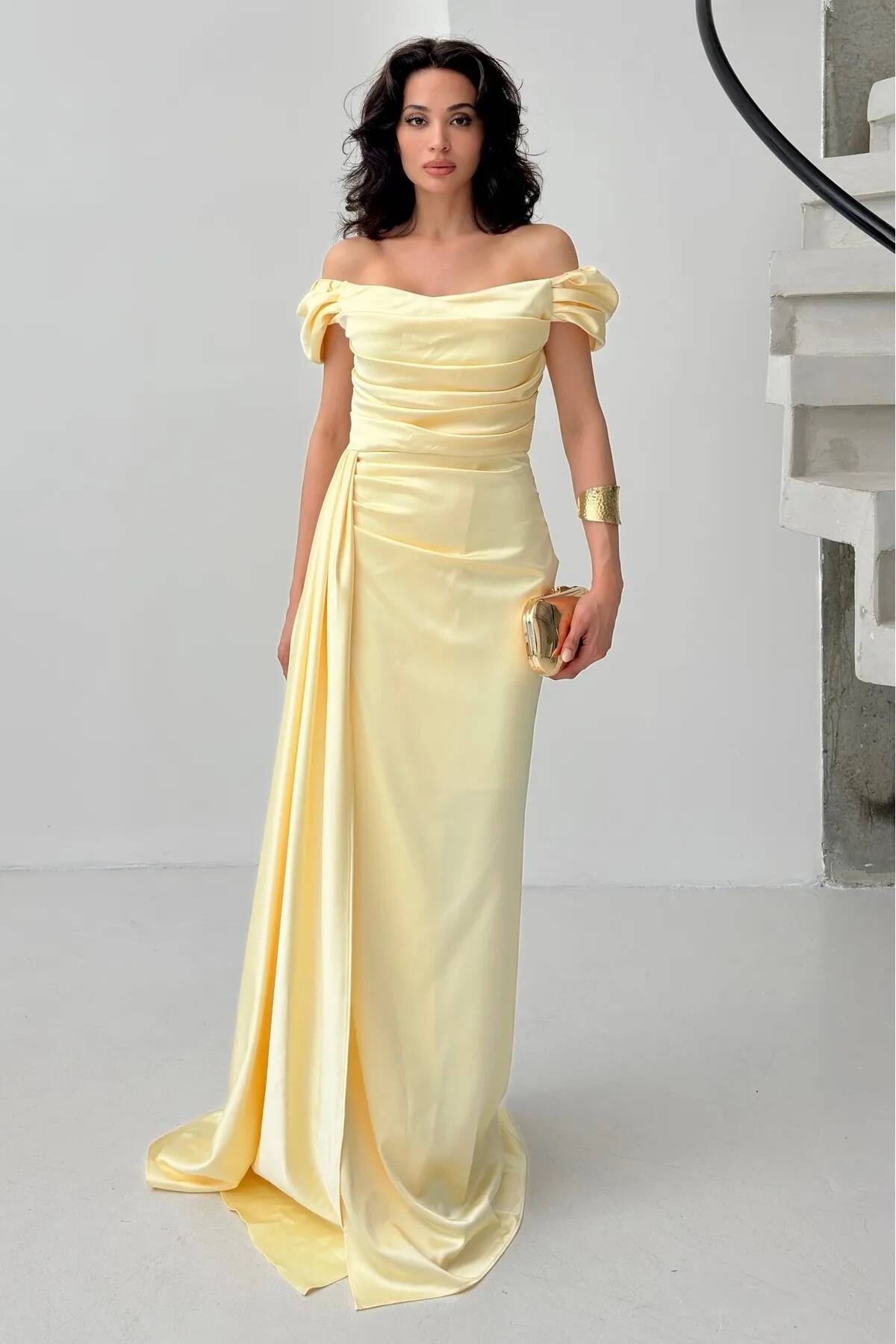 Sarı Drape Detaylı Saten Kumaş Abiye Elbise 9704858.11 - Ardanewline