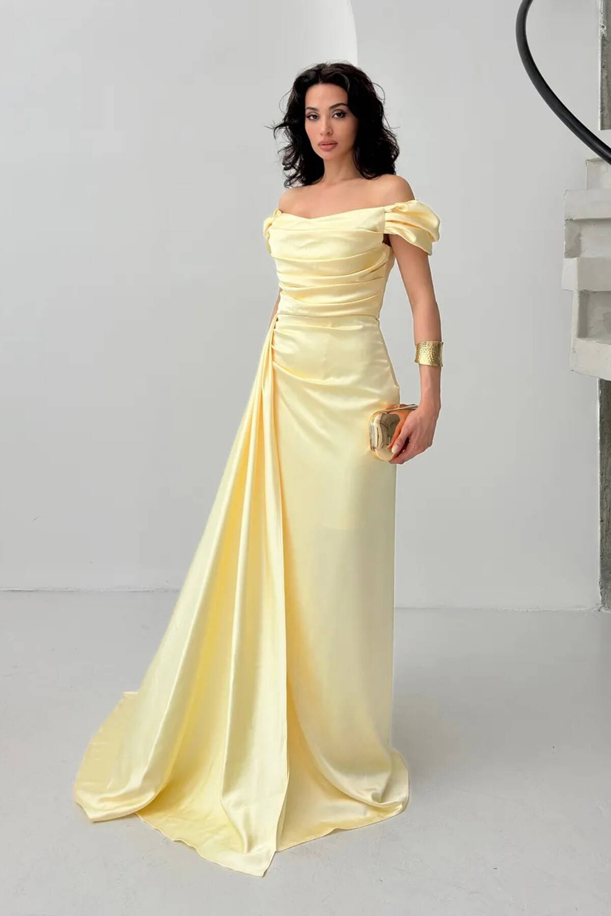 Sarı Drape Detaylı Saten Kumaş Abiye Elbise 9704858.11 - Ardanewline