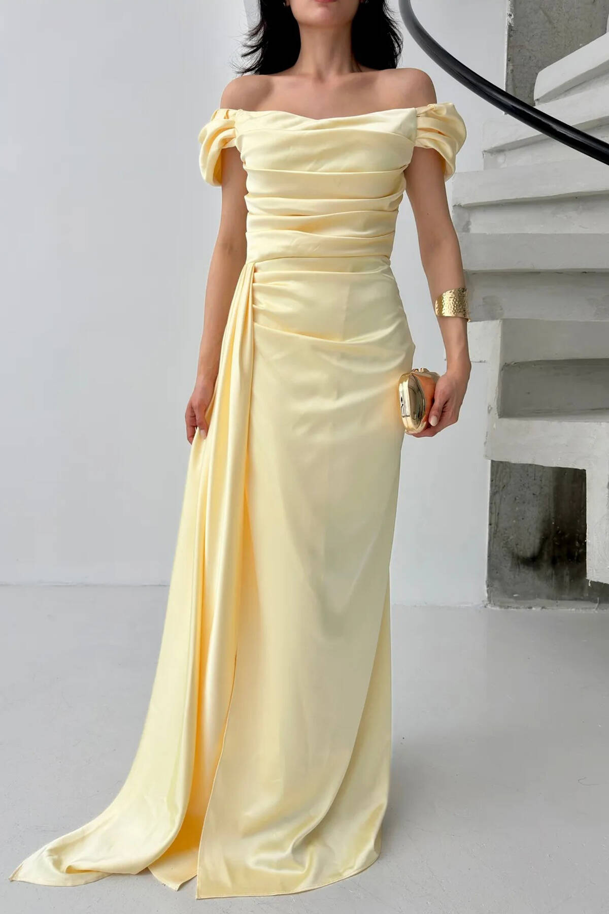 Sarı Drape Detaylı Saten Kumaş Abiye Elbise 9704858.11 - Ardanewline (1)