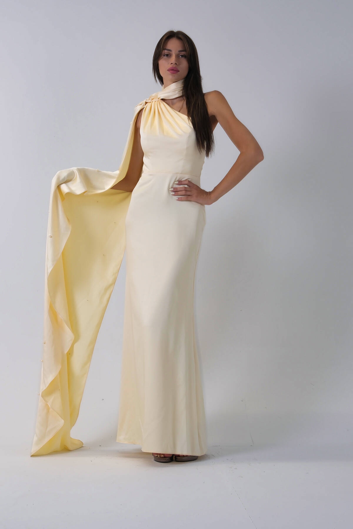 Sarı Yaka Kuşak Detaylı Tek Omuz Abiye 0801099.11 - Ardanewline