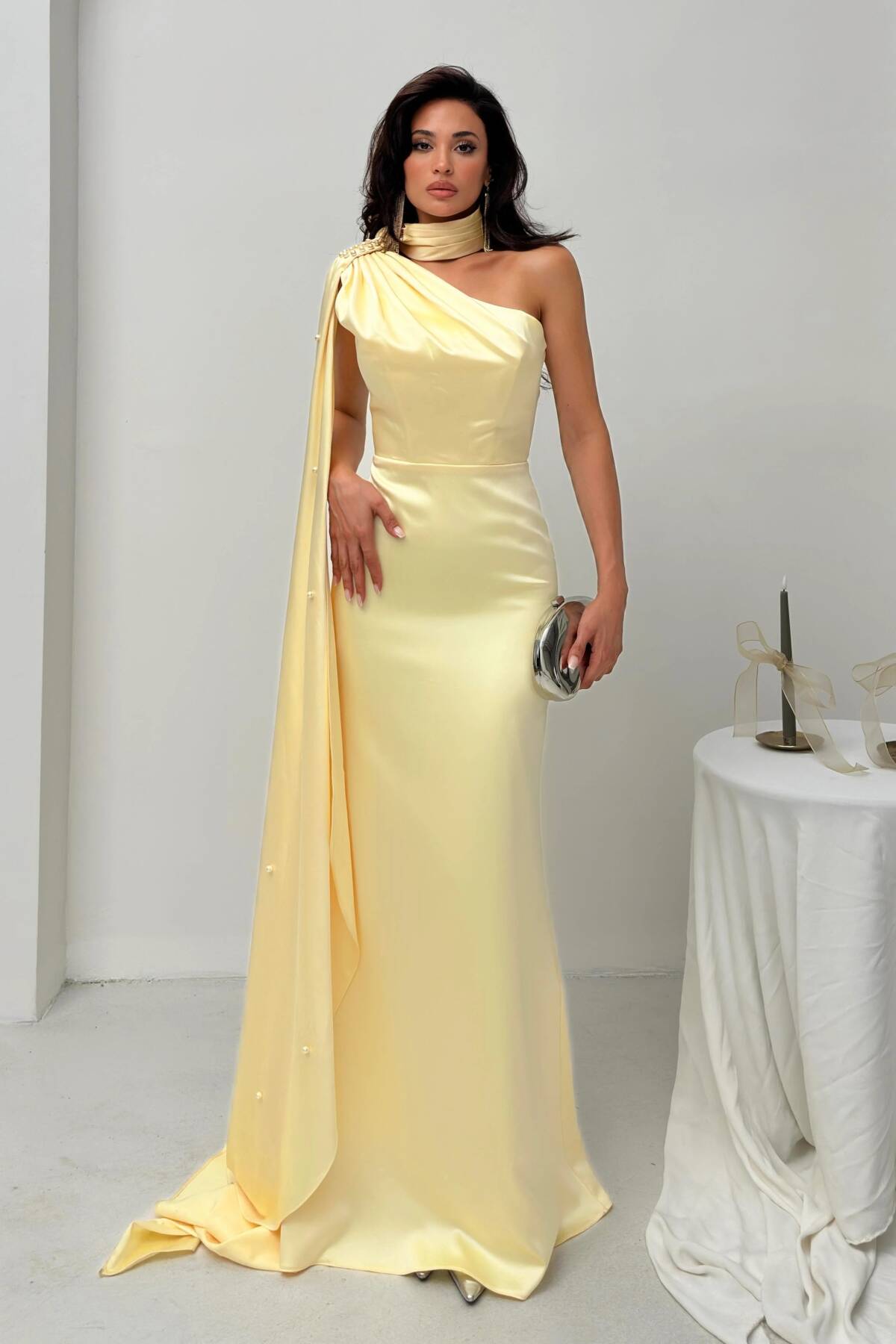 Sarı Yaka Kuşak Detaylı Tek Omuz Abiye 0801099.11 - Ardanewline