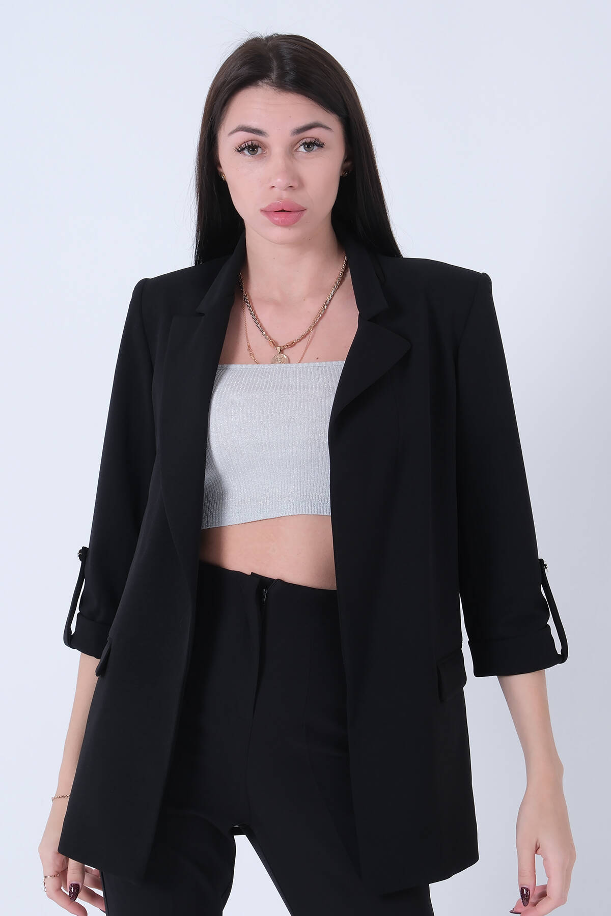 Siyah Astarlı Kolları Düğme Toparlamalı Ceket 0105136.01 - Ardanewline (1)