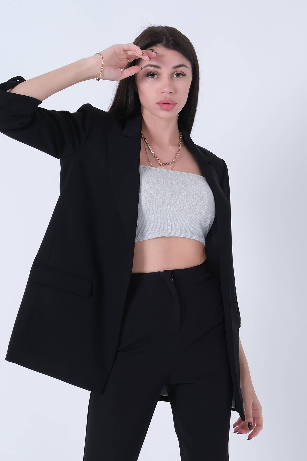 Siyah Astarlı Kolları Düğme Toparlamalı Ceket 0105136.01 - Ardanewline