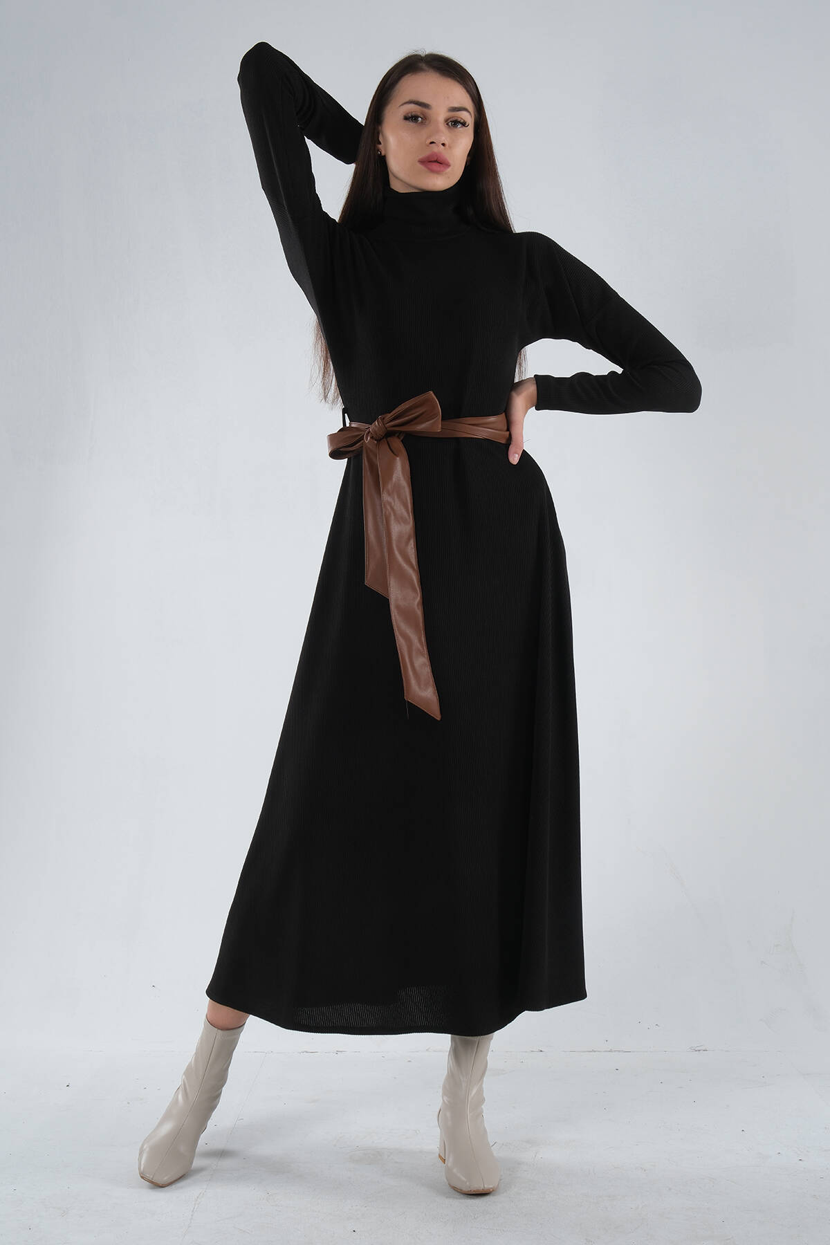 Siyah Beli Kemerli Örme Elbise 0104030.01 - Ardanewline