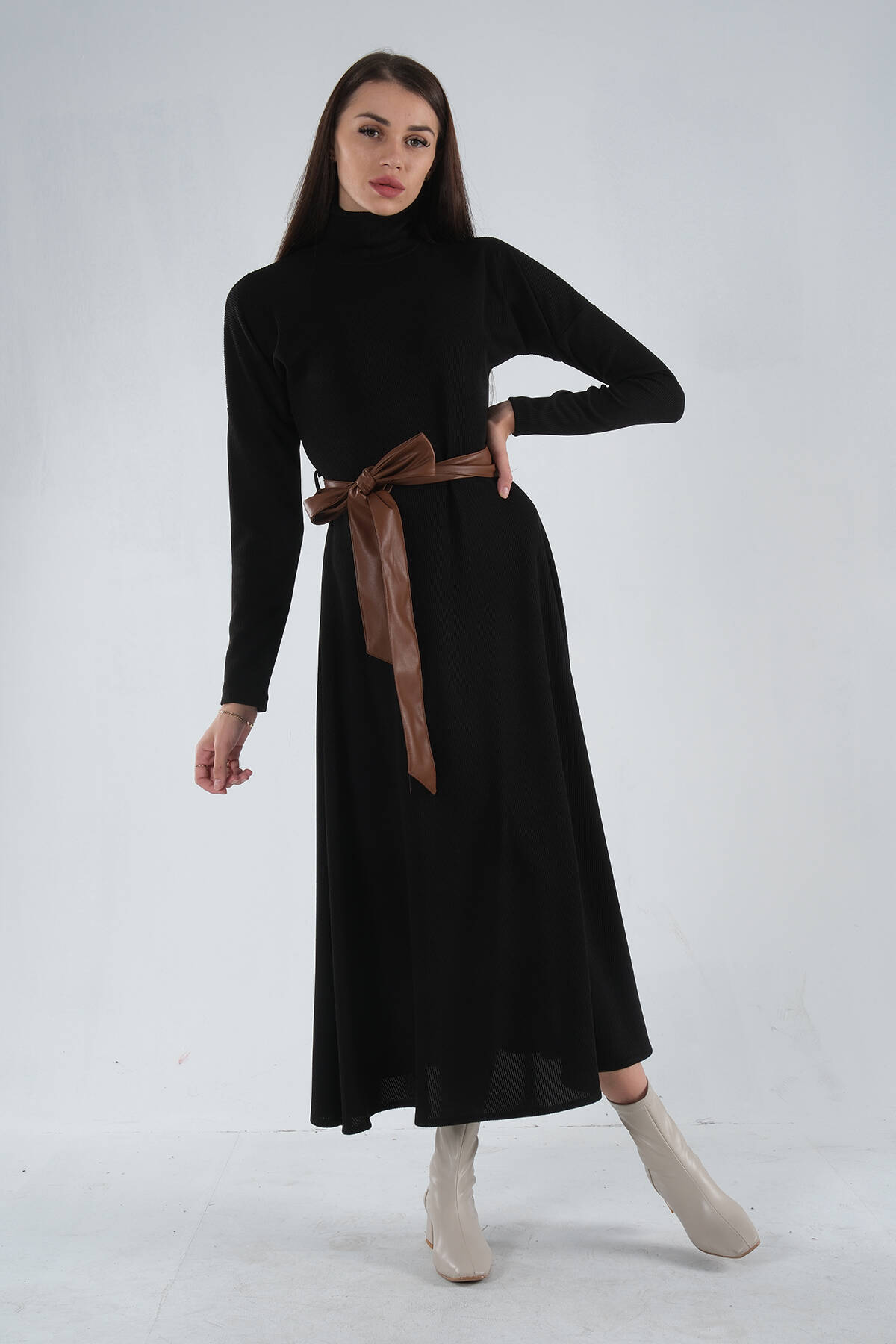 Siyah Beli Kemerli Örme Elbise 0104030.01 - Ardanewline (1)