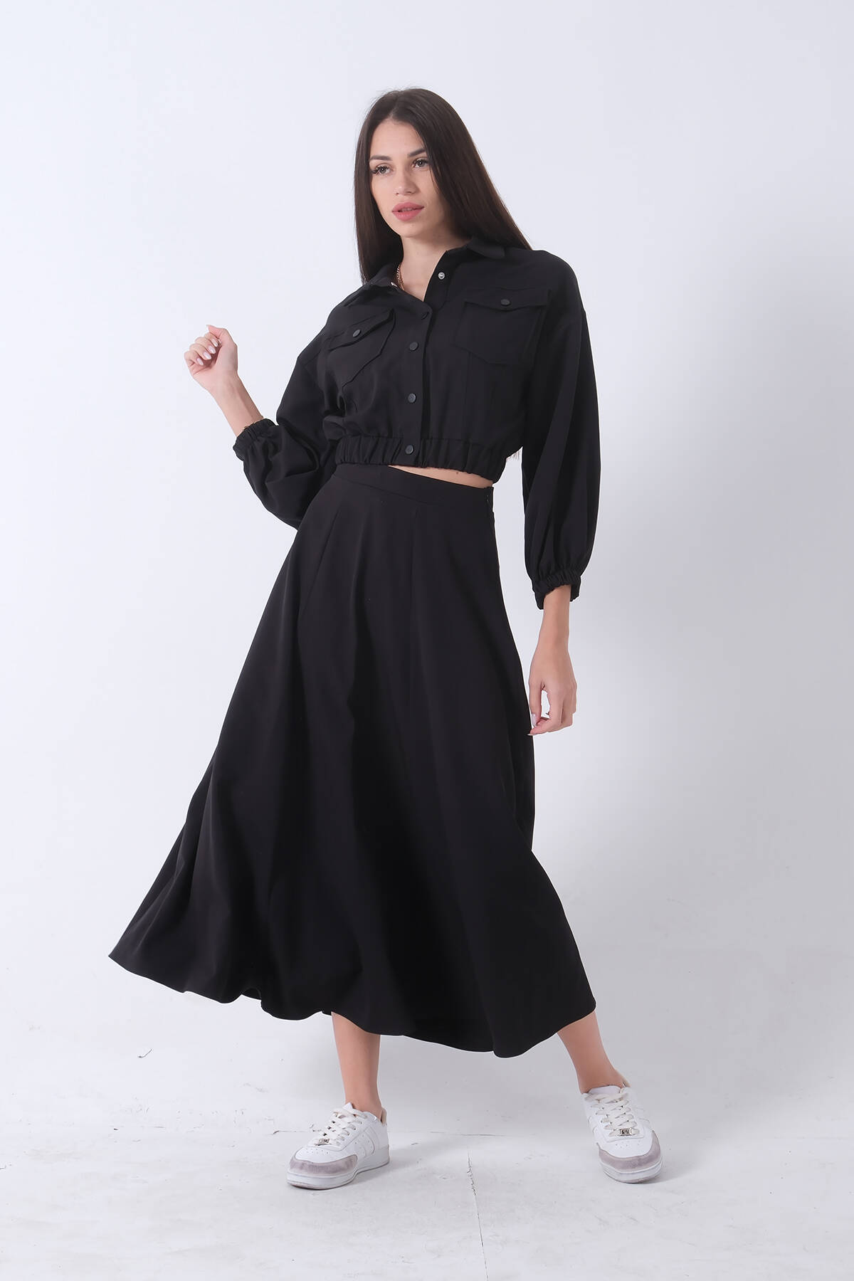 Siyah Beli Lastikli Cepli Ceket ve Etek İkili Takım 4595053.01 - Ardanewline