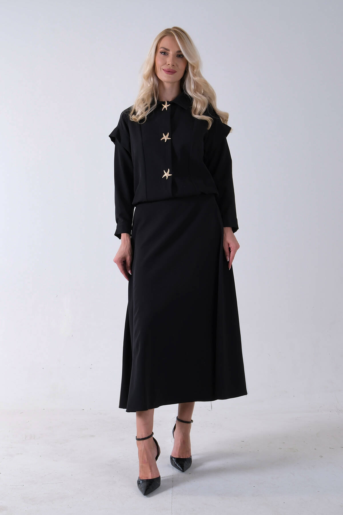 Siyah Beli Lastikli Deniz Yıldızı Çıt Çıt Kapamalı Ceket Detaylı Etekli Takım 4592269.01 - Ardanewline