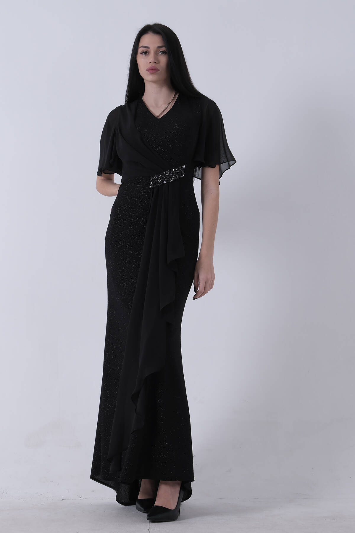 Siyah Beli Taş Detaylı Yarım Kol Tesettür Abiye 08061271.01 - Ardanewline