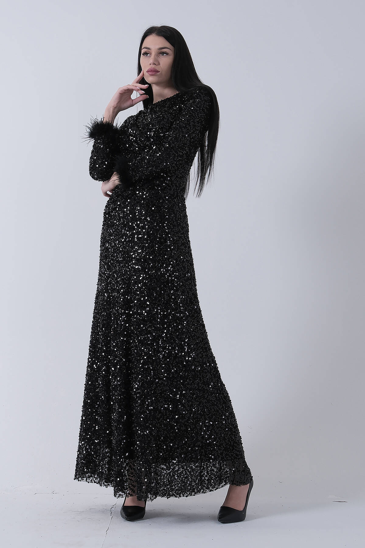 Siyah Bilek Ucu Tüylü Pul Payetli Tesettür Abiye 6502496.01 - Ardanewline