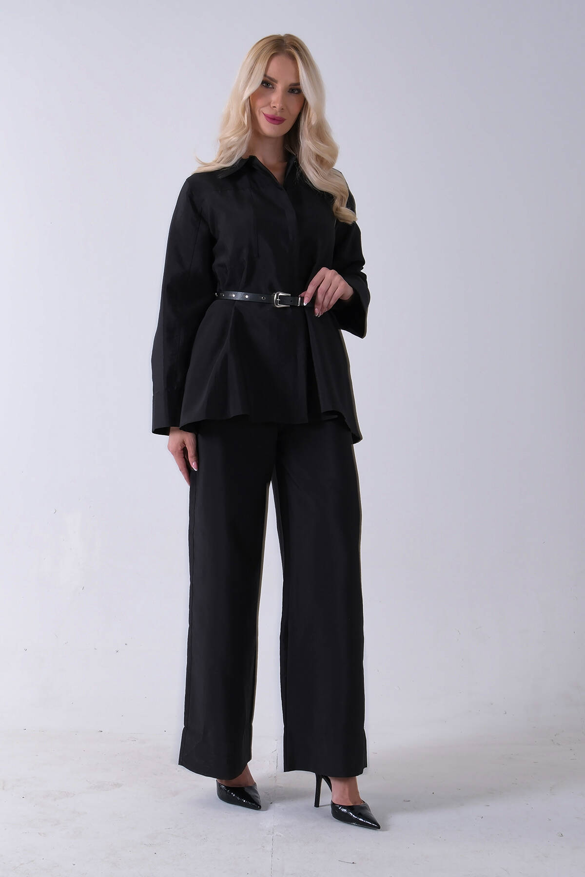 Siyah Bol Paça Pantolon Kemerli Parçalı Tunik Takım 5303167.01 - Ardanewline (1)