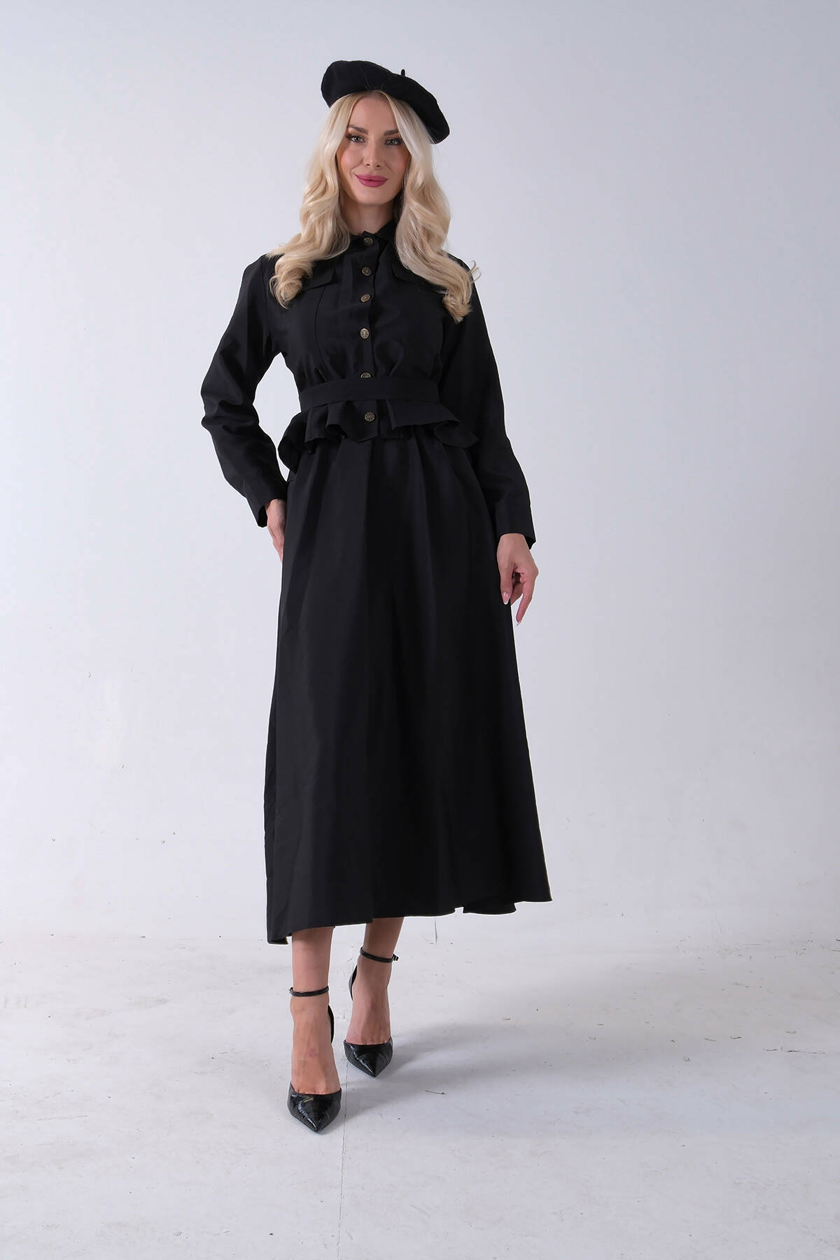 Siyah Ceket Cep Görünüm Detaylı Düğme Kapamalı Etekli Takım 5303168.01 - Ardanewline