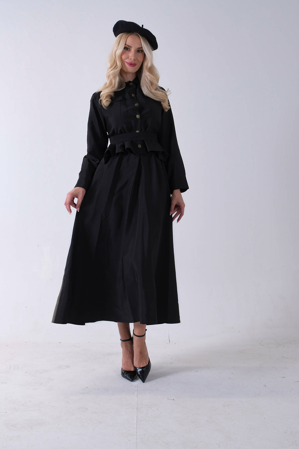 Siyah Ceket Cep Görünüm Detaylı Düğme Kapamalı Etekli Takım 5303168.01 - Ardanewline (1)