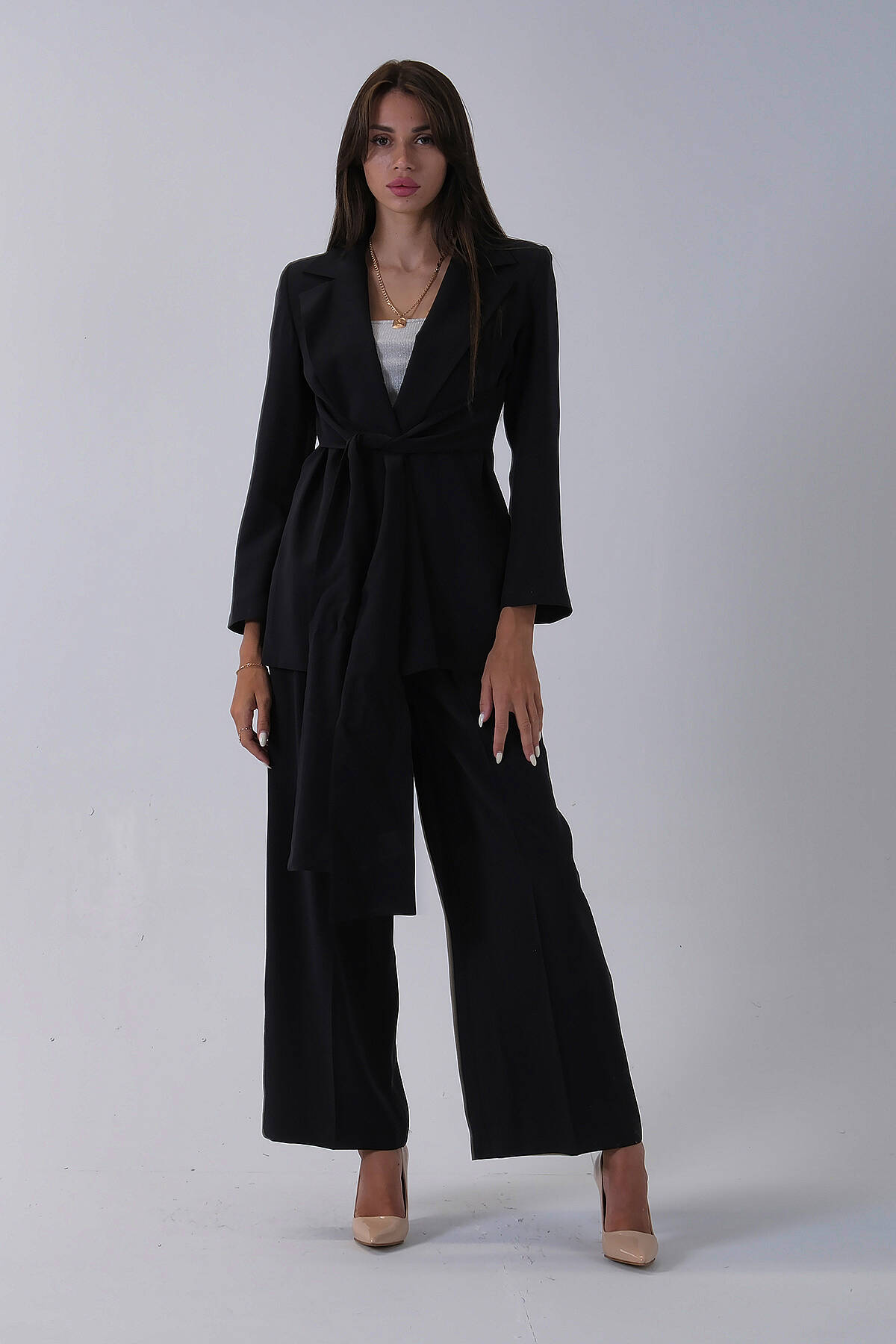Siyah Ceket Kuşak Bağlama Detaylı Pantolonlu Takım 0106327.01 - Ardanewline