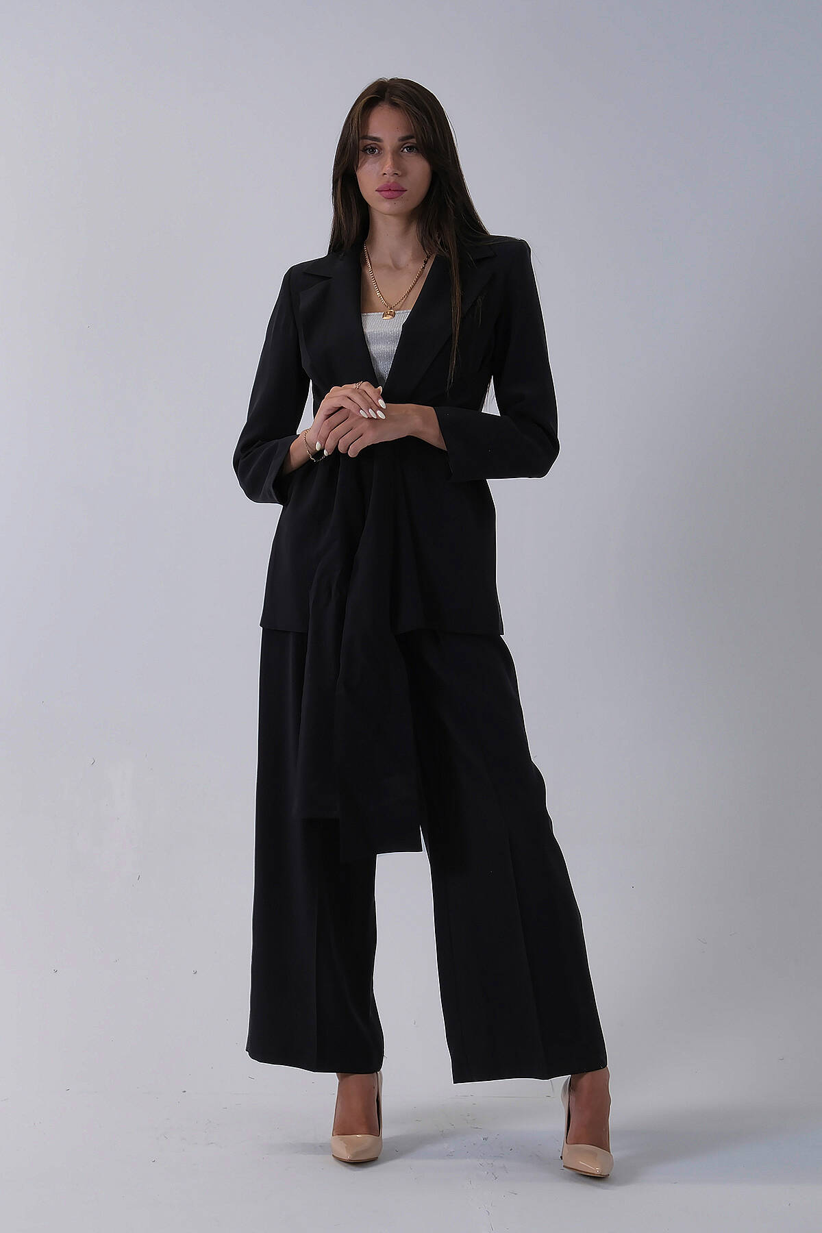 Siyah Ceket Kuşak Bağlama Detaylı Pantolonlu Takım 0106327.01 - Ardanewline (1)