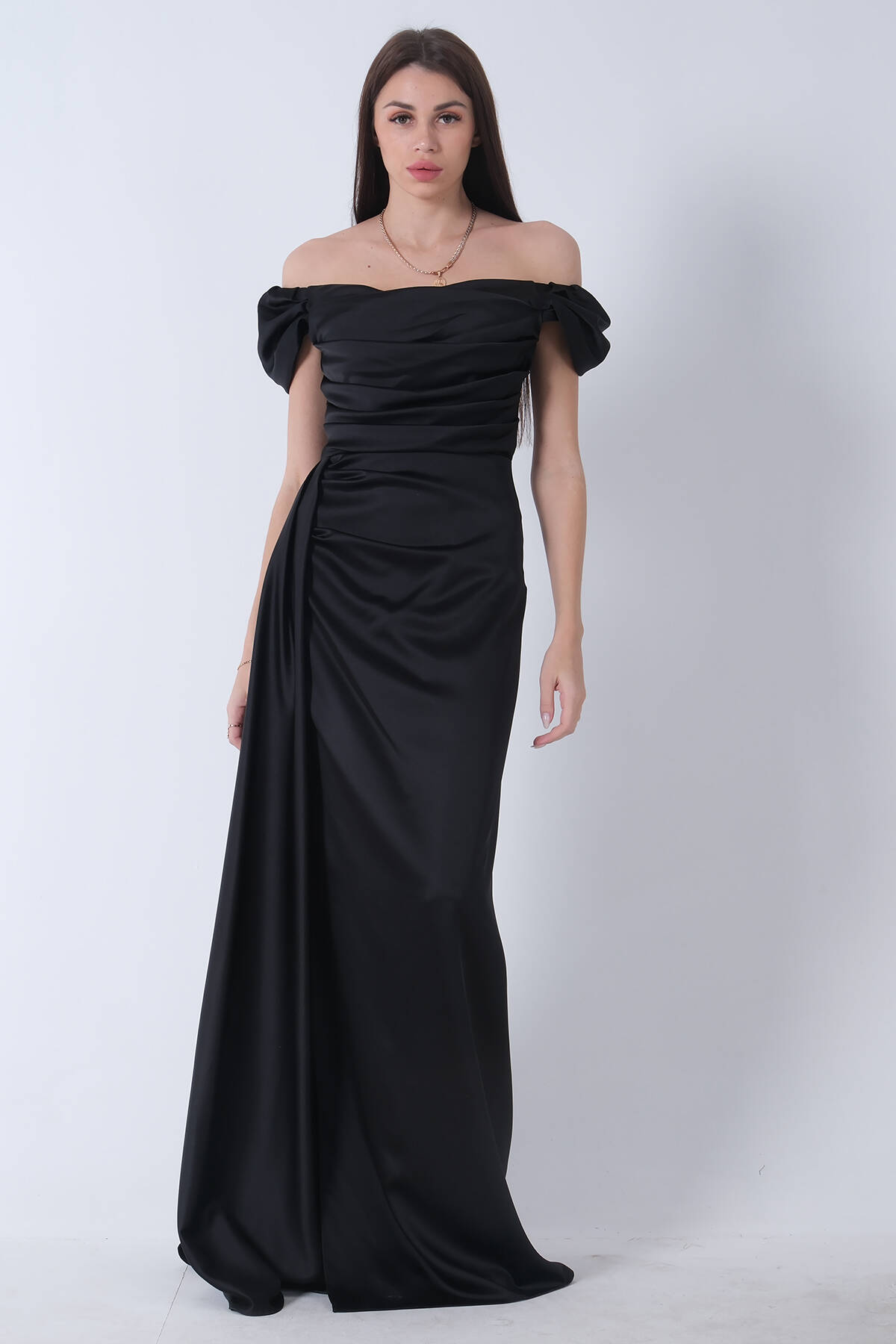 Siyah Drape Detaylı Saten Kumaş Abiye Elbise 9704858.01 - Ardanewline