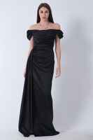 Siyah Drape Detaylı Saten Kumaş Abiye Elbise 9704858.01 - 1