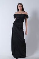 Siyah Drape Detaylı Saten Kumaş Abiye Elbise 9704858.01 - 3