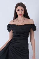 Siyah Drape Detaylı Saten Kumaş Abiye Elbise 9704858.01 - 8