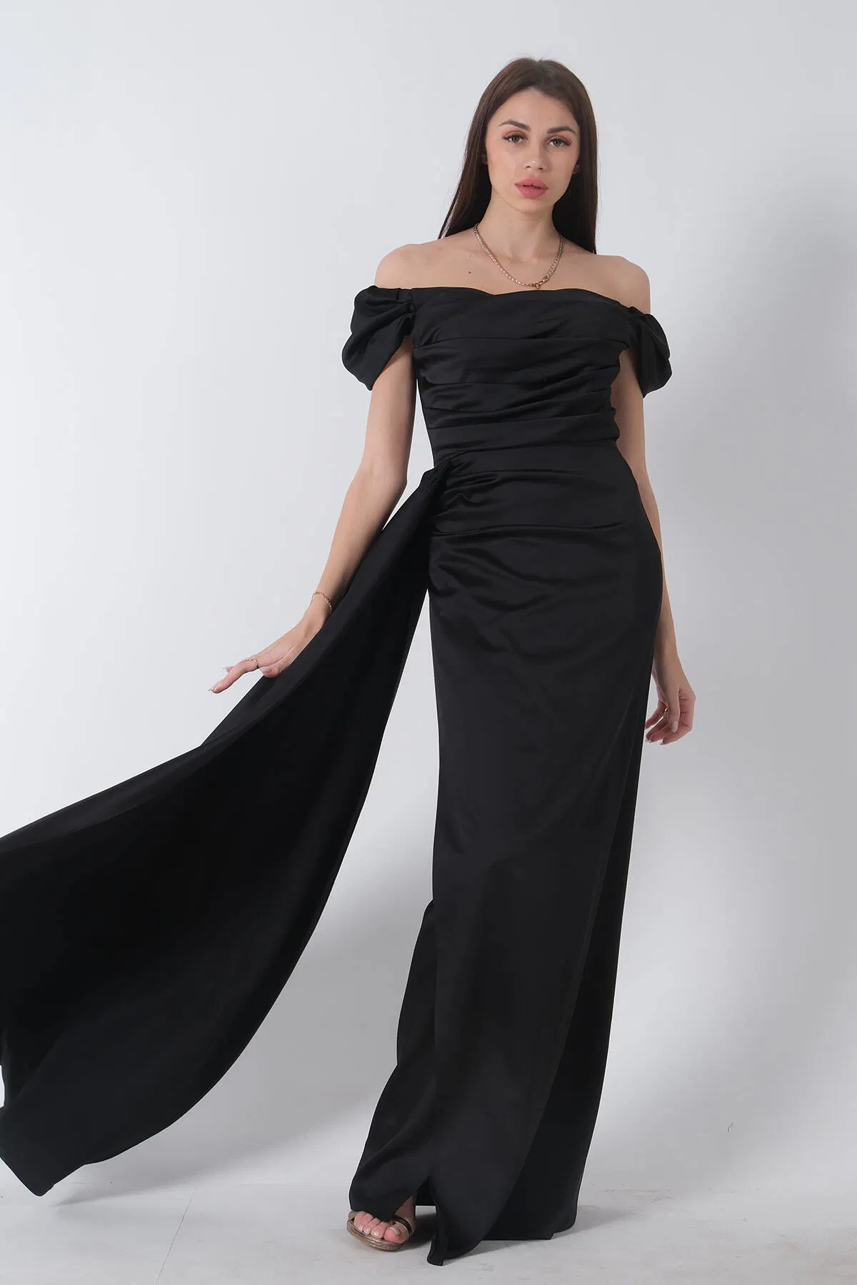 Siyah Drape Detaylı Saten Kumaş Abiye Elbise 9704858.01 - Ardanewline (1)