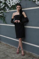 Siyah Drape Düğme Detaylı Midi Boy Abiye 0801168.01 - 4