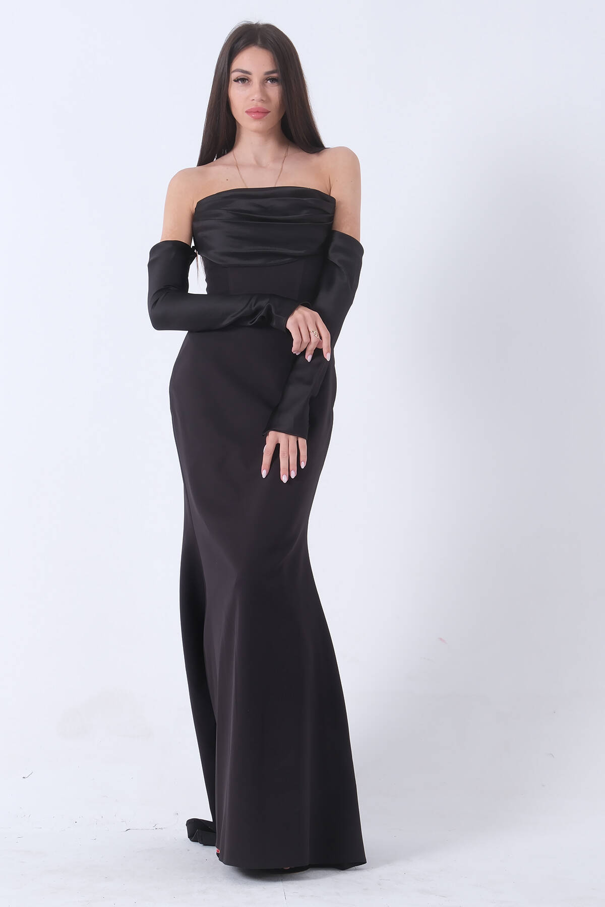 Siyah Drapeli Düğme Detaylı Uzun Abiye 9705361.01 - Ardanewline