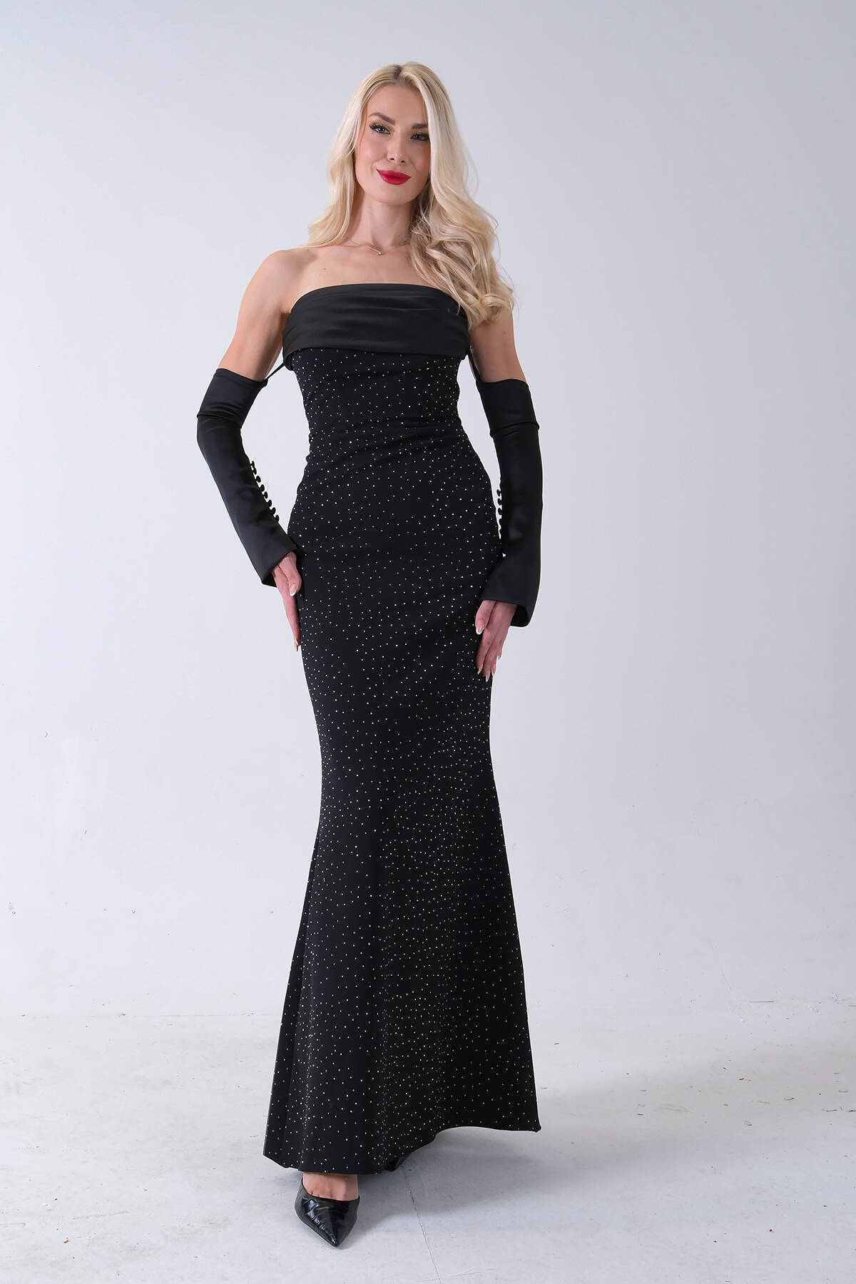 Siyah Drapeli Üzeri Işıltı Nokta Detaylı Kollu Abiye 0802502.01 - Ardanewline