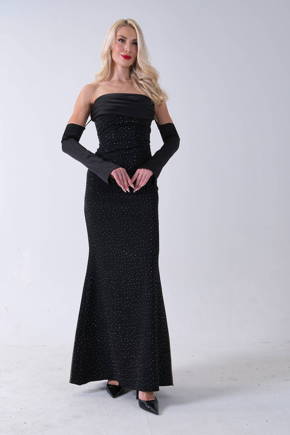 Siyah Drapeli Üzeri Işıltı Nokta Detaylı Kollu Abiye 0802502.01 - Ardanewline (1)